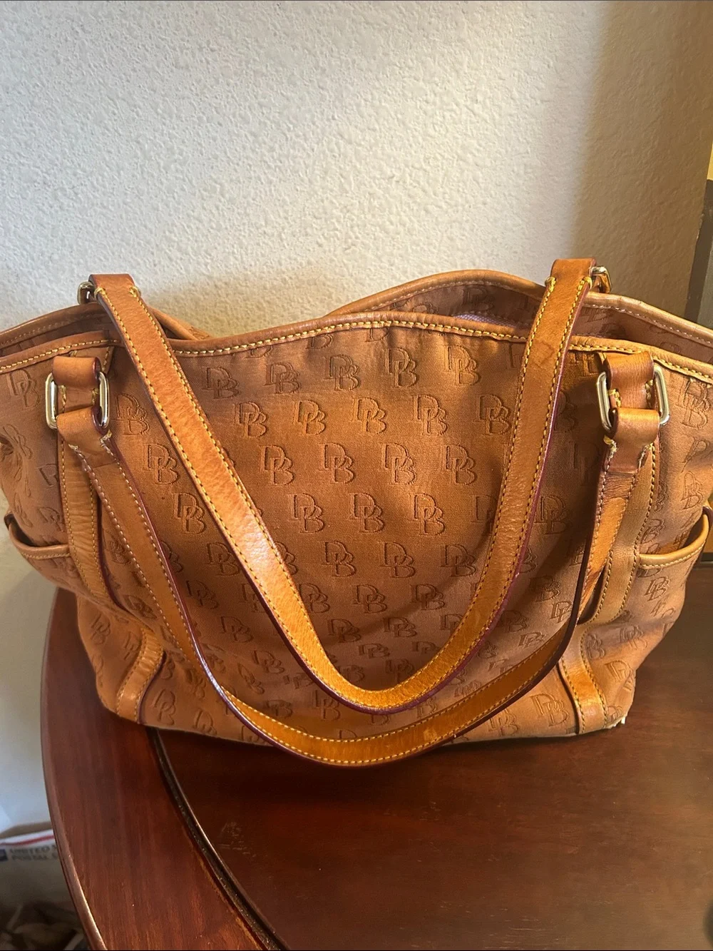 Dooney & Bourke Tan Shoulder Tote with Signature DB Pattern